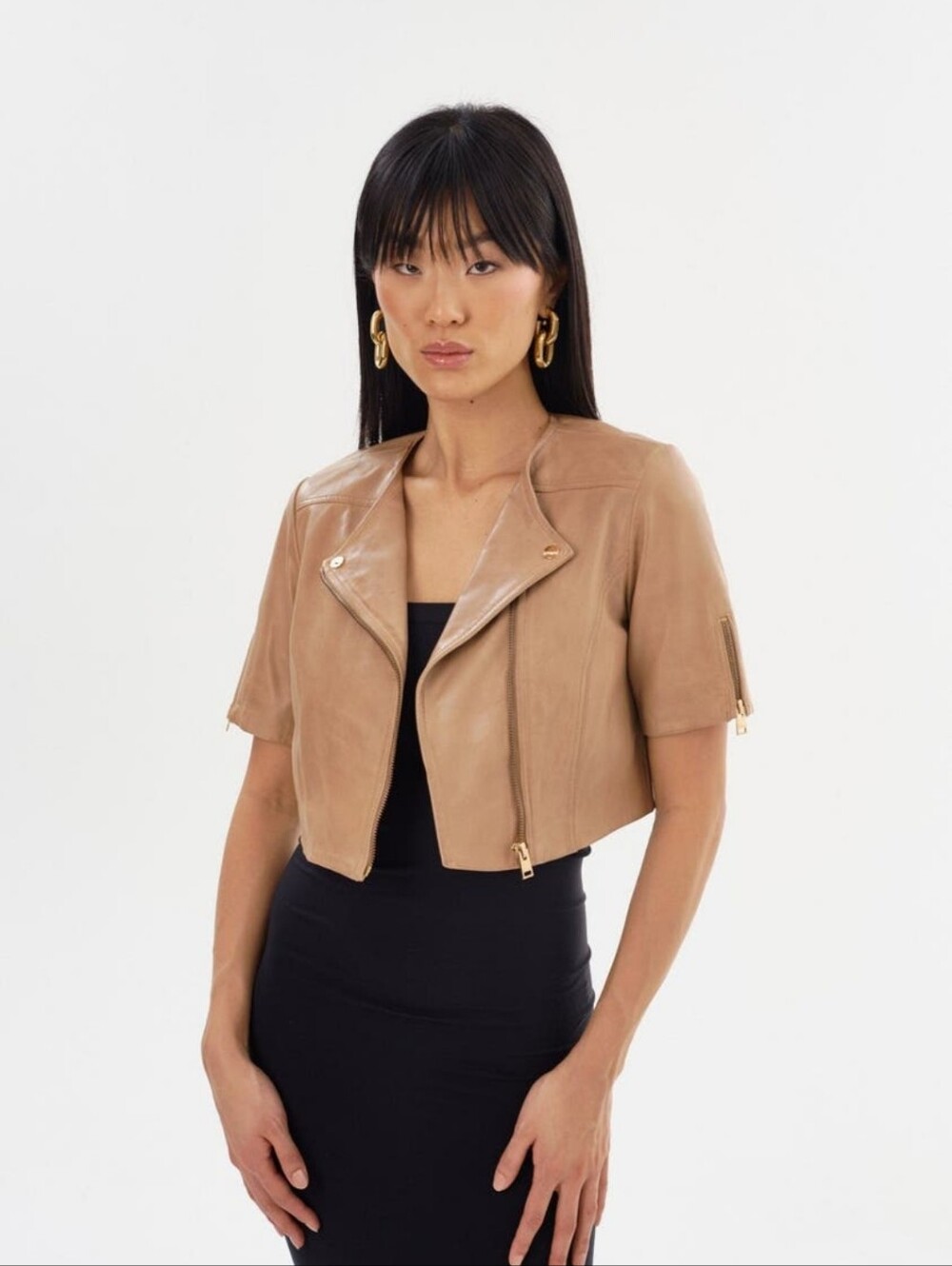 Lamarque Kirsi Brown Tan Leather Moto Cropped Short Sleeve Jacket Size Small